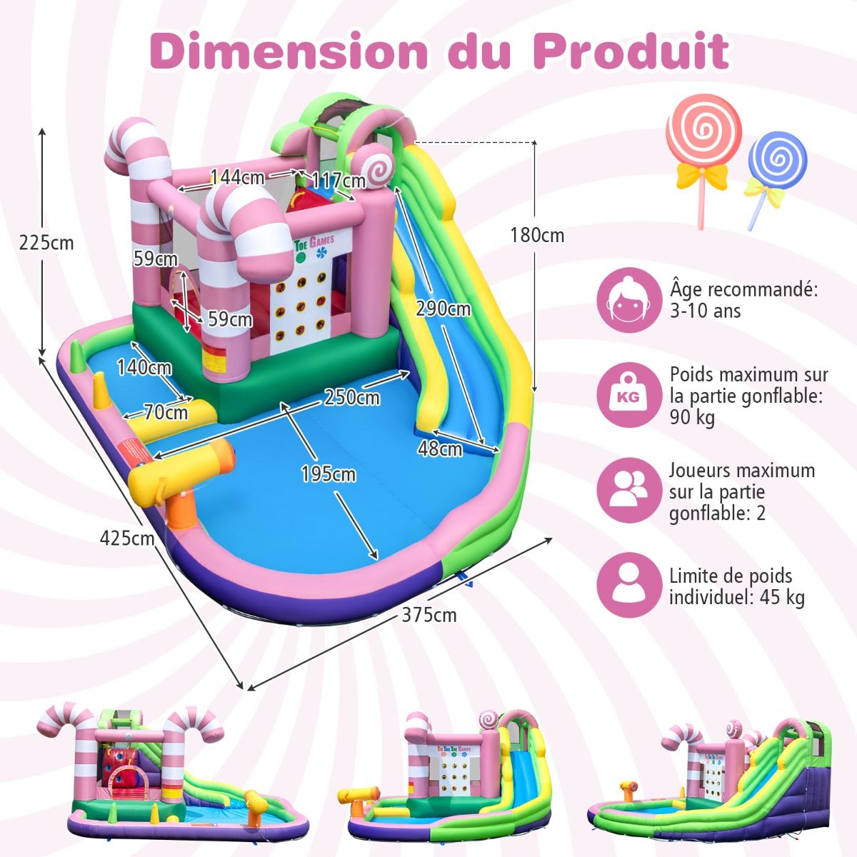 9-in-1 Candy-Shaped Inflatable Castle with Slide, Inflatable Jump House with Water Gun, 90kg Load Capacity for 2 Children Aged 3-10 Years -