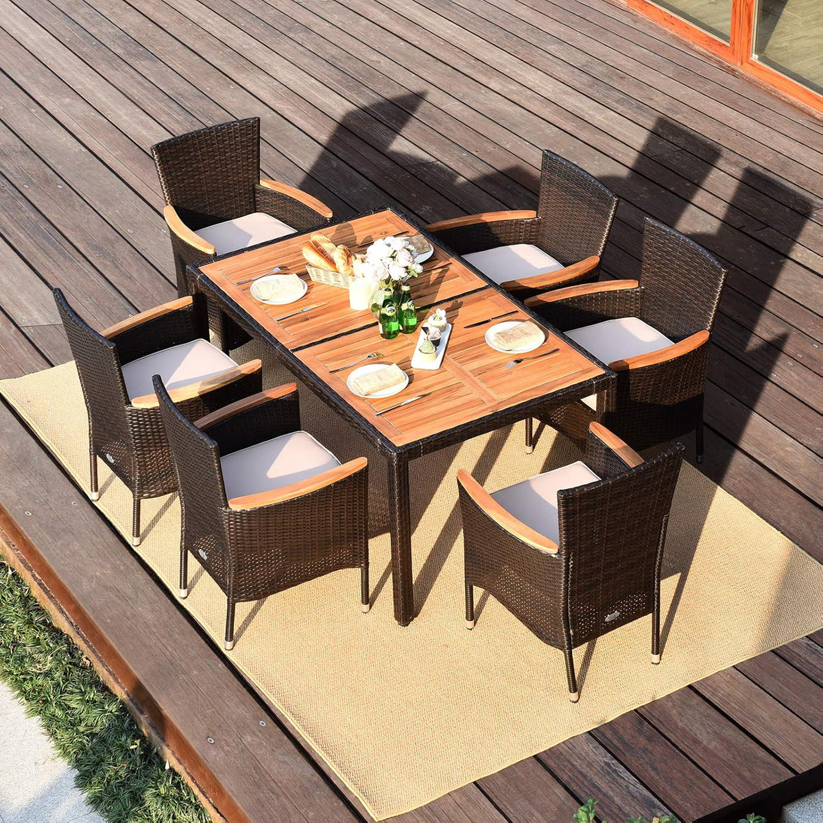 GIANTEX 6-Person Rattan and Acacia Wood Garden Furniture Set, Outdoor Garden Table with 6 Chairs, Cushions, Parasol Hole, Adjustable Legs, for Patio, Picnic, Brown