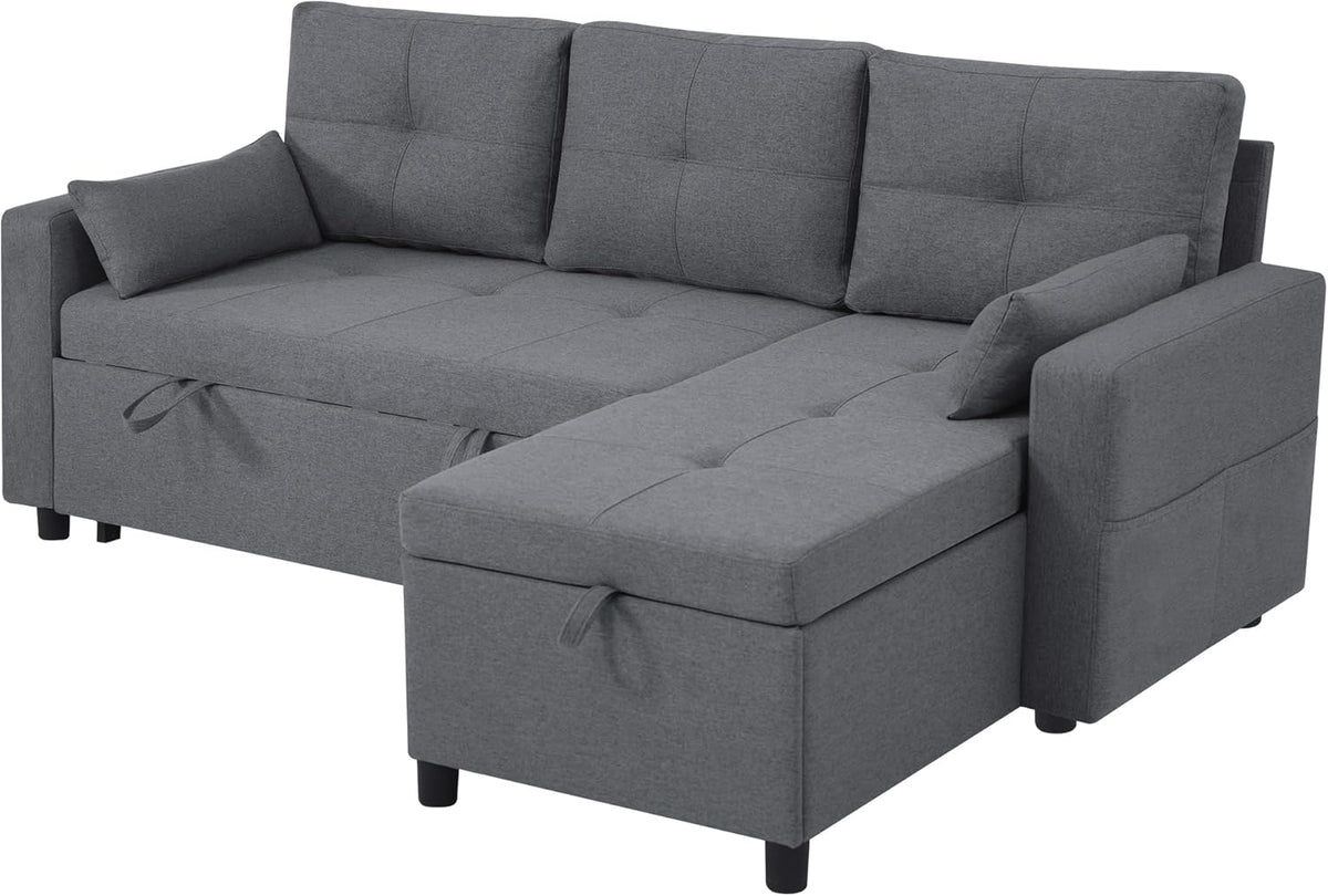 Zubaliya L-Shaped Convertible Sofa, 2-Seater Convertible Sofa Bed in Grey, 3-Seater Sofa with Pull-Out Bed and Sleeping Function, Equipped with Storage Space