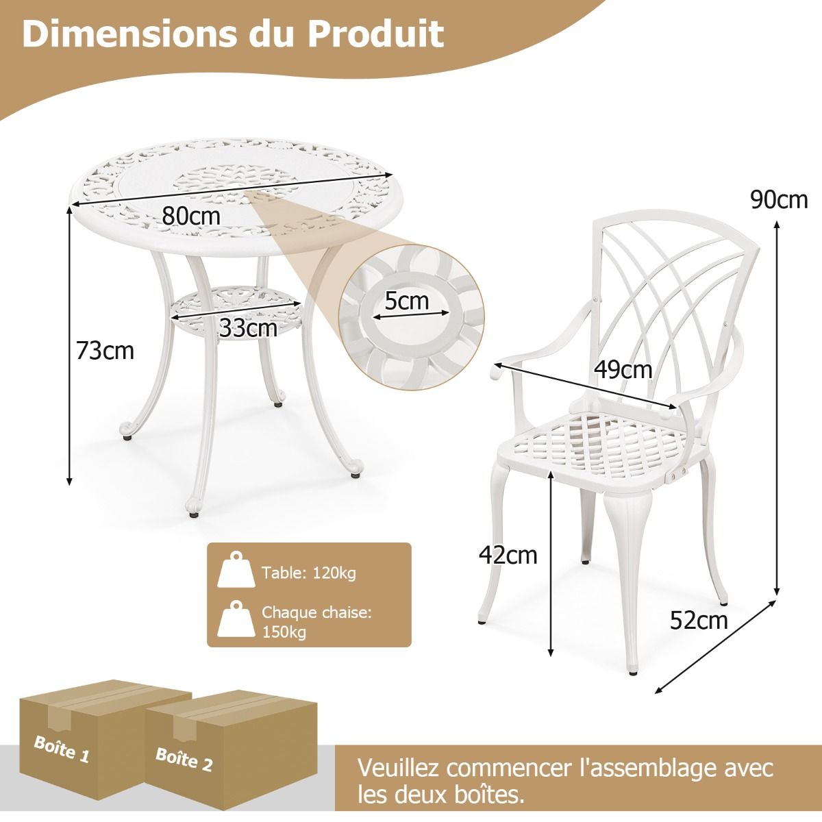 5-Piece Cast Aluminum Garden Furniture Set with Parasol Holes, Adjustable Footrests, Round Table and 4 Chairs, White -