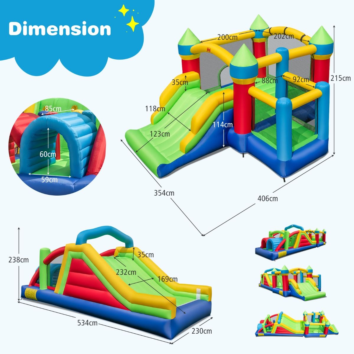 Inflatable Castle for 4 Children with 2 Slides, Tunnels, Bounce Zone, Climbing Wall, Obstacles, Playhouse with 680W Blower -