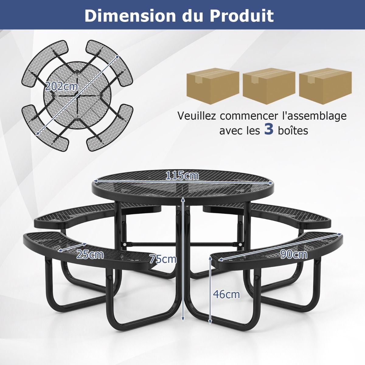 Round Picnic Table with 4 Built-in Benches for 8 People, Metal Camping Table with Seats and Parasol Hole, 202x75cm, Black
