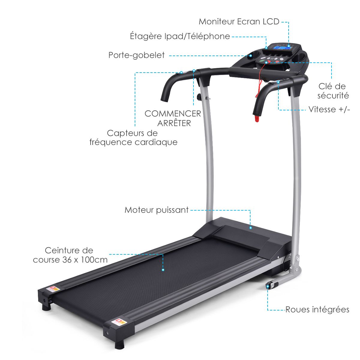 Foldable Electric Treadmill with Screen and Heart Rate Monitor with Speed from 1 to 10 km/h and 12 Programs - Black