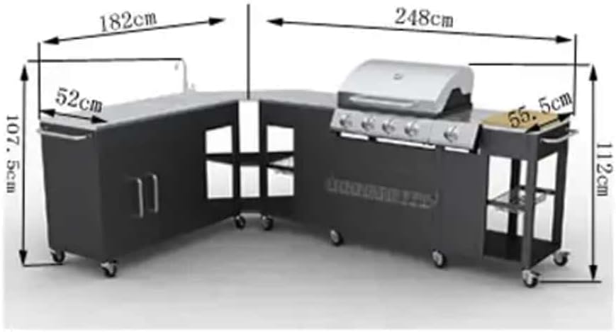 Large gas barbecue (LPG, butane, propane) for outdoor cooking, 4 burners + 1 side burner, 1 sink, large stainless steel worktop, storage space, 8 wheels