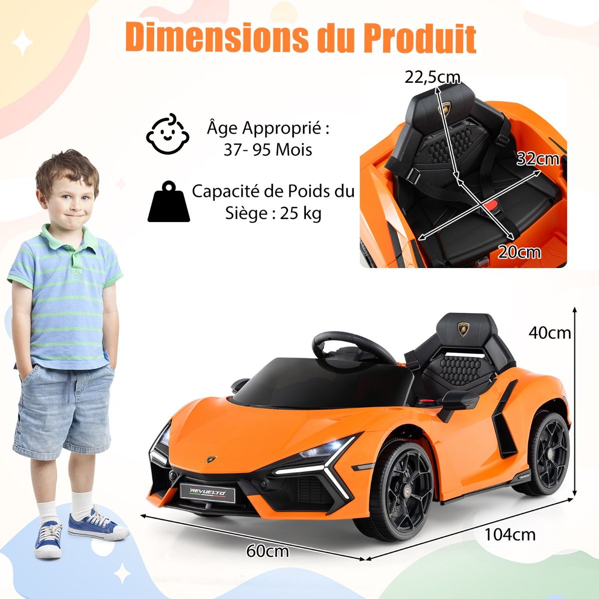 Revuelto Licensed 12V Electric Ride-On Car for Children with Remote Control and Hydraulic Doors, Suitable for Ages 37-95 Months, Grey/Orange