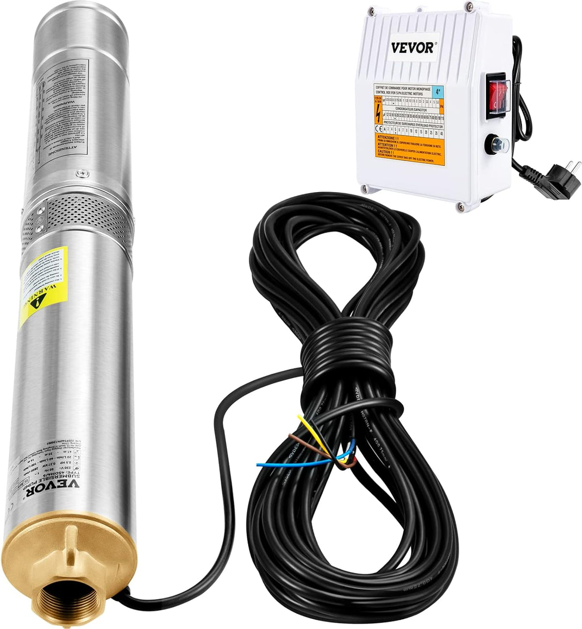 VEVOR Submersible Well Pump 190 L/min 57 m Deep Well Water Pump in Stainless Steel, 1100 W Electric Water Pump, Automatic Submersible Well Pump for Domestic, Agricultural, and Industrial Use