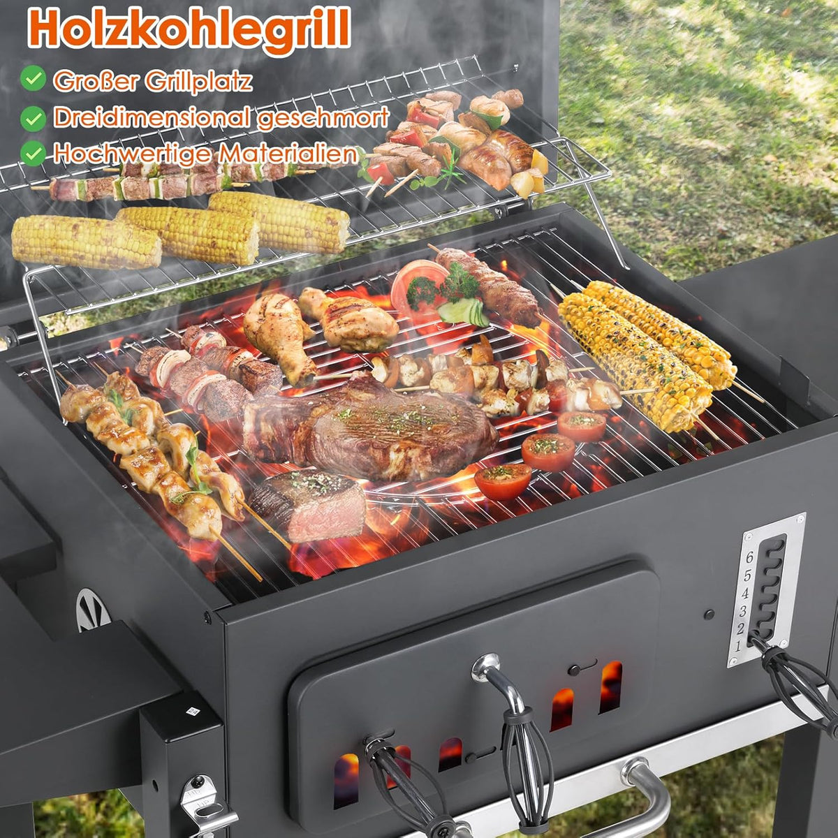 XL Charcoal Barbecue, Barbecue Cart, XL Charcoal Grill with Lid, Wheels and Thermometer, Height Adjustable, Large Charcoal Barbecue, for Camping and Garden, Black