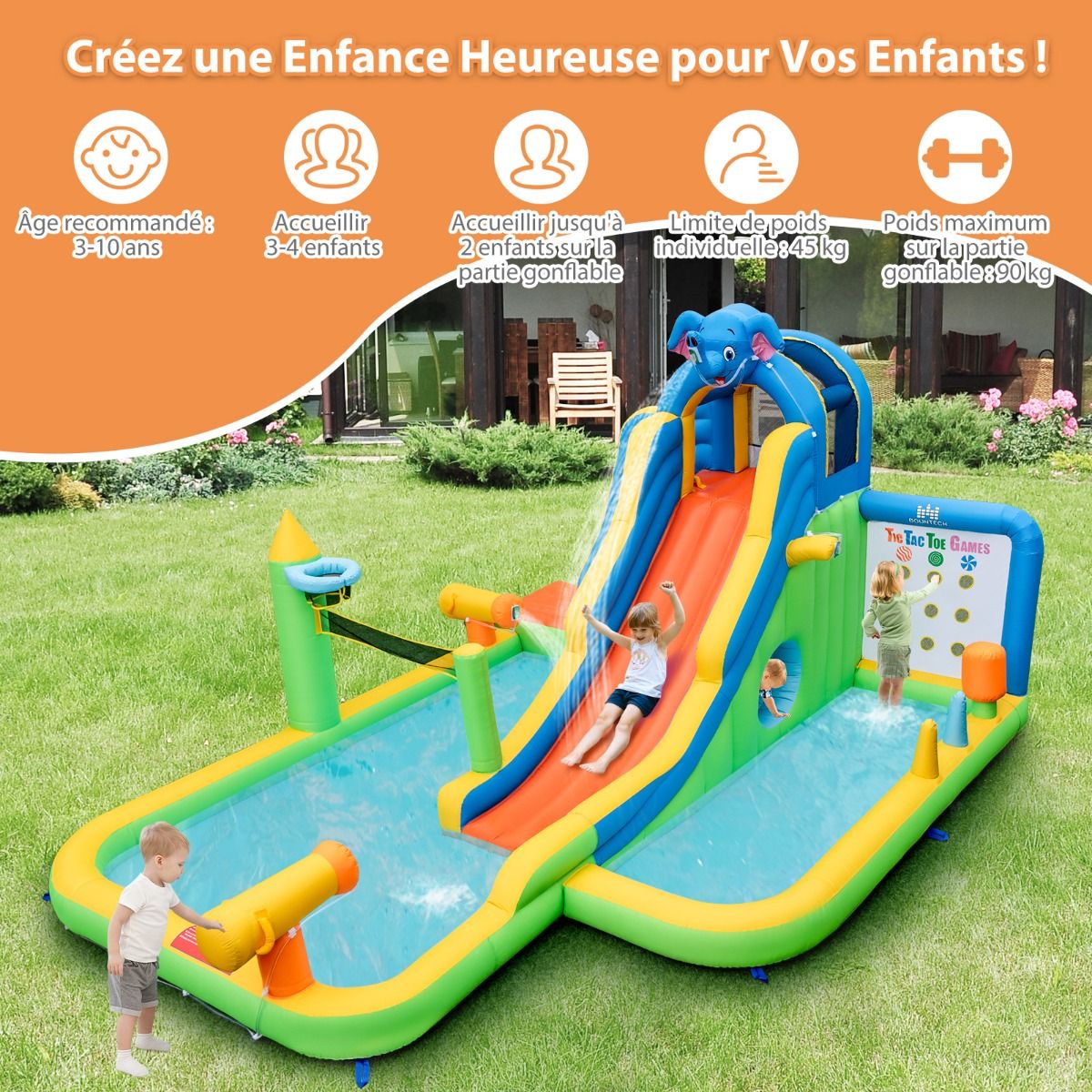 Giant Inflatable Water Slide for Children, Safe Splash Pool, Climbing Wall, Water Cannons, Ring Toss, Hoop (Blower Not Included), Multicolored