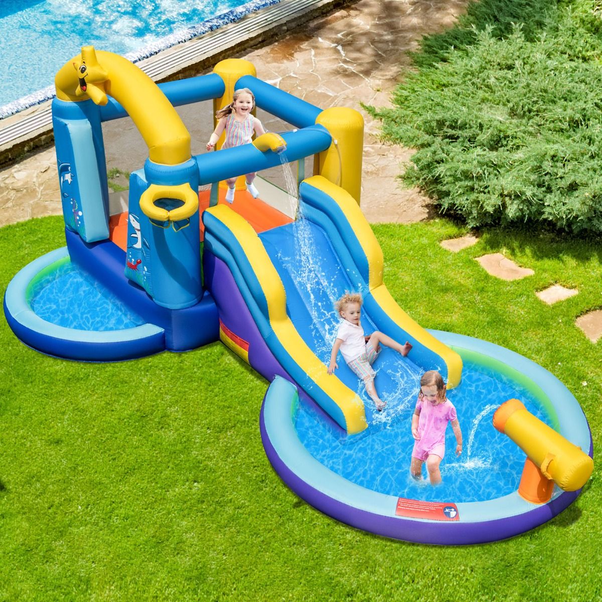 6-in-1 Ocean Inflatable Castle with 680W Blower, Water Slide & 2 Pools, Inflatable Bounce House, 90kg Load Capacity -