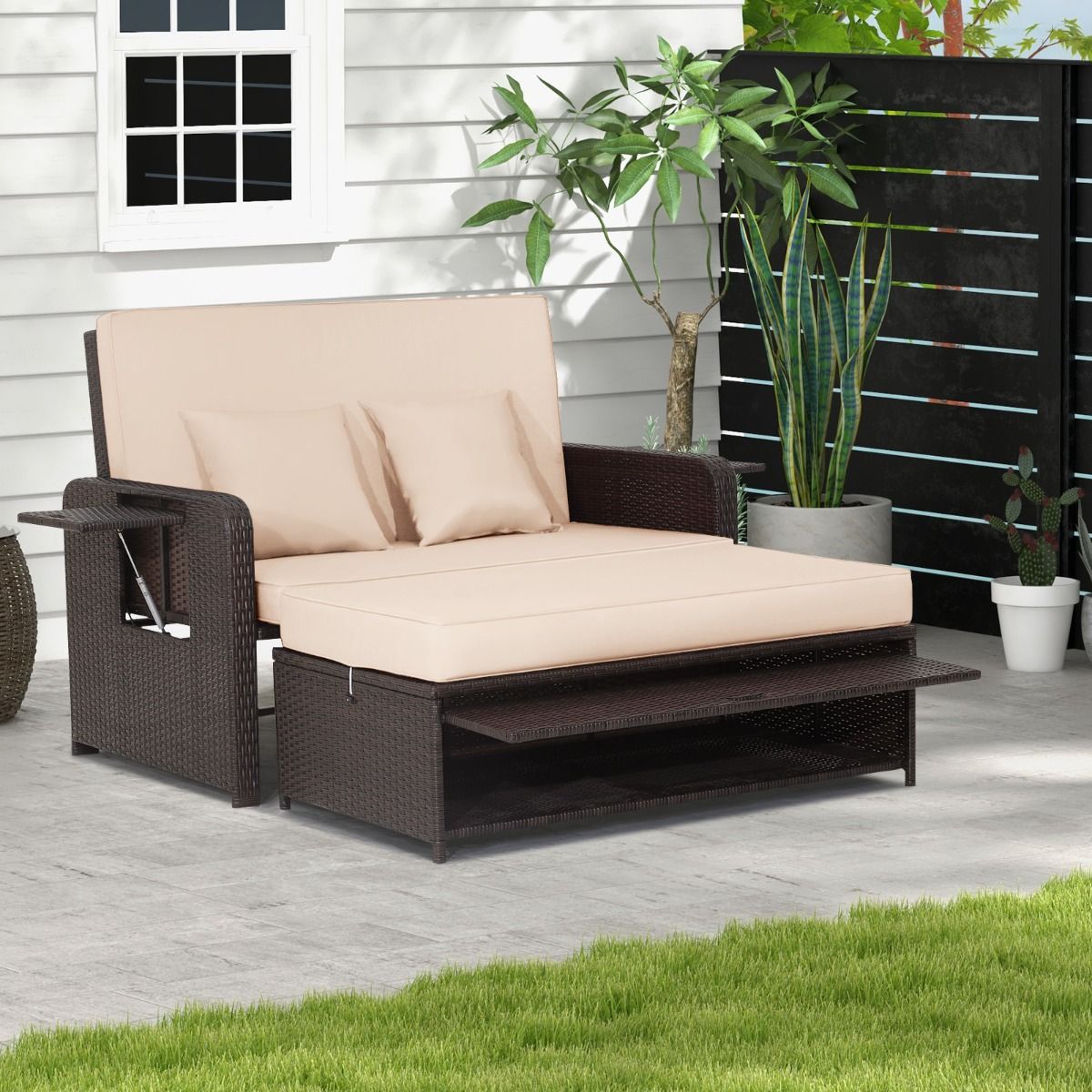 Adjustable Outdoor Garden Lounge Set with Bed, 2-Seater with Hidden Storage, 4-Level Adjustable Backrest in PE Rattan -