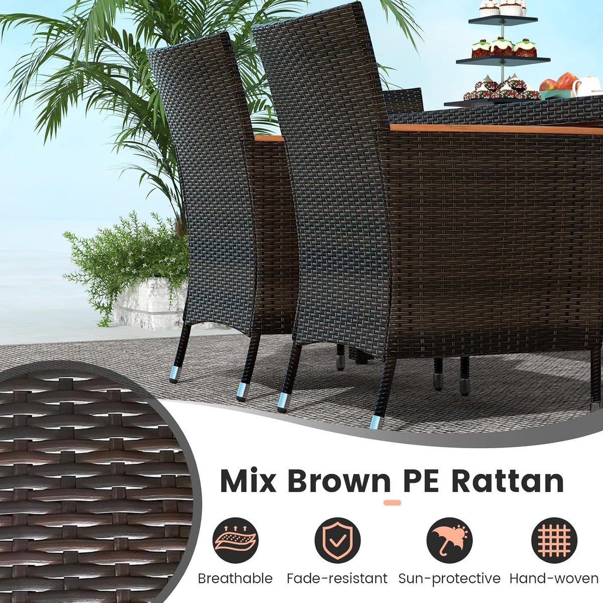 GIANTEX 6-Person Rattan and Acacia Wood Garden Furniture Set, Outdoor Garden Table with 6 Chairs, Cushions, Parasol Hole, Adjustable Legs, for Patio, Picnic, Brown