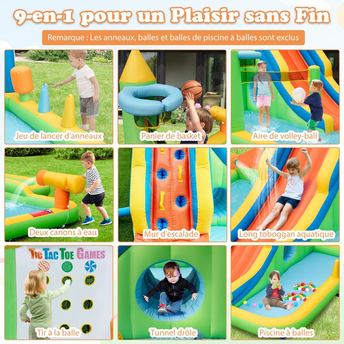 Giant Inflatable Water Slide for Children, Safe Splash Pool, Climbing Wall, Water Cannons, Ring Toss, Hoop (Blower Not Included), Multicolored