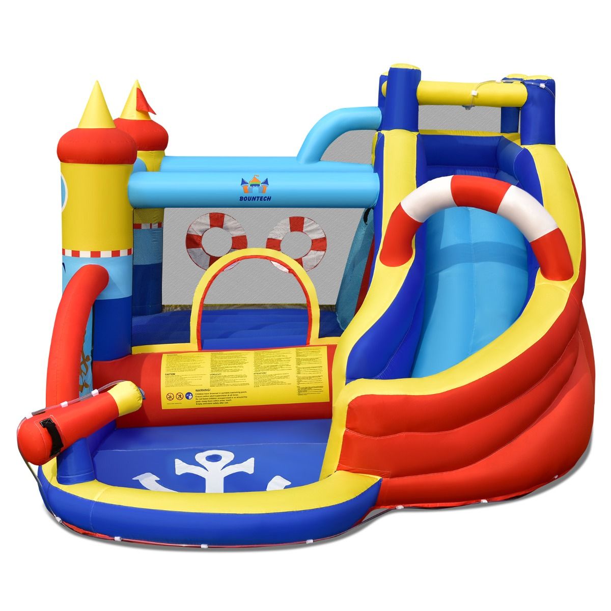 Inflatable Boat-Style Castle with Curved Slide, Jumping Area, Climbing Wall with 450W Inflator -