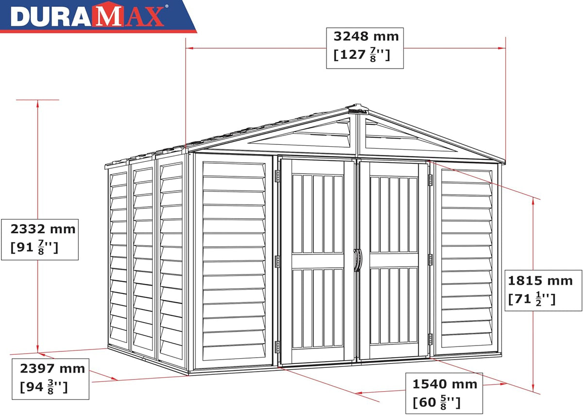 Duramax WoodBridge Plus 10 x 8 (7.64 m2) Plastic Garden Shed with 1 Fixed Window and Metal Foundation Kit, Sturdy Metal Roof Structure and Maintenance-Free Garden Shed - Ivory/Brown