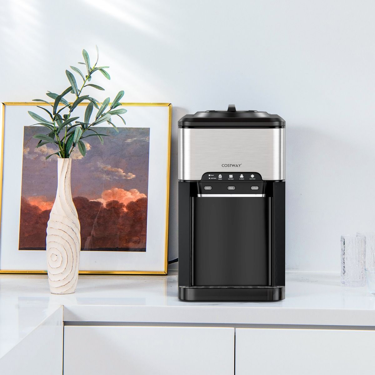 3-in-1 Ice Maker with Hot/Cold Water Dispenser, 20 kg in 24h, Ice Cubes 6-13 min for Home, Office, Bar -