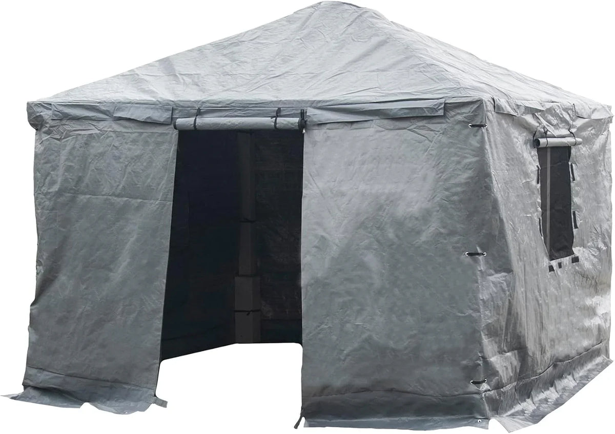 Universal winter tarpaulin, suitable for tall sunshades, used for storing barbecue grills and outdoor furniture, with fireproof and weather-resistant properties, measuring 10 feet by 12 feet, and in gray color.
