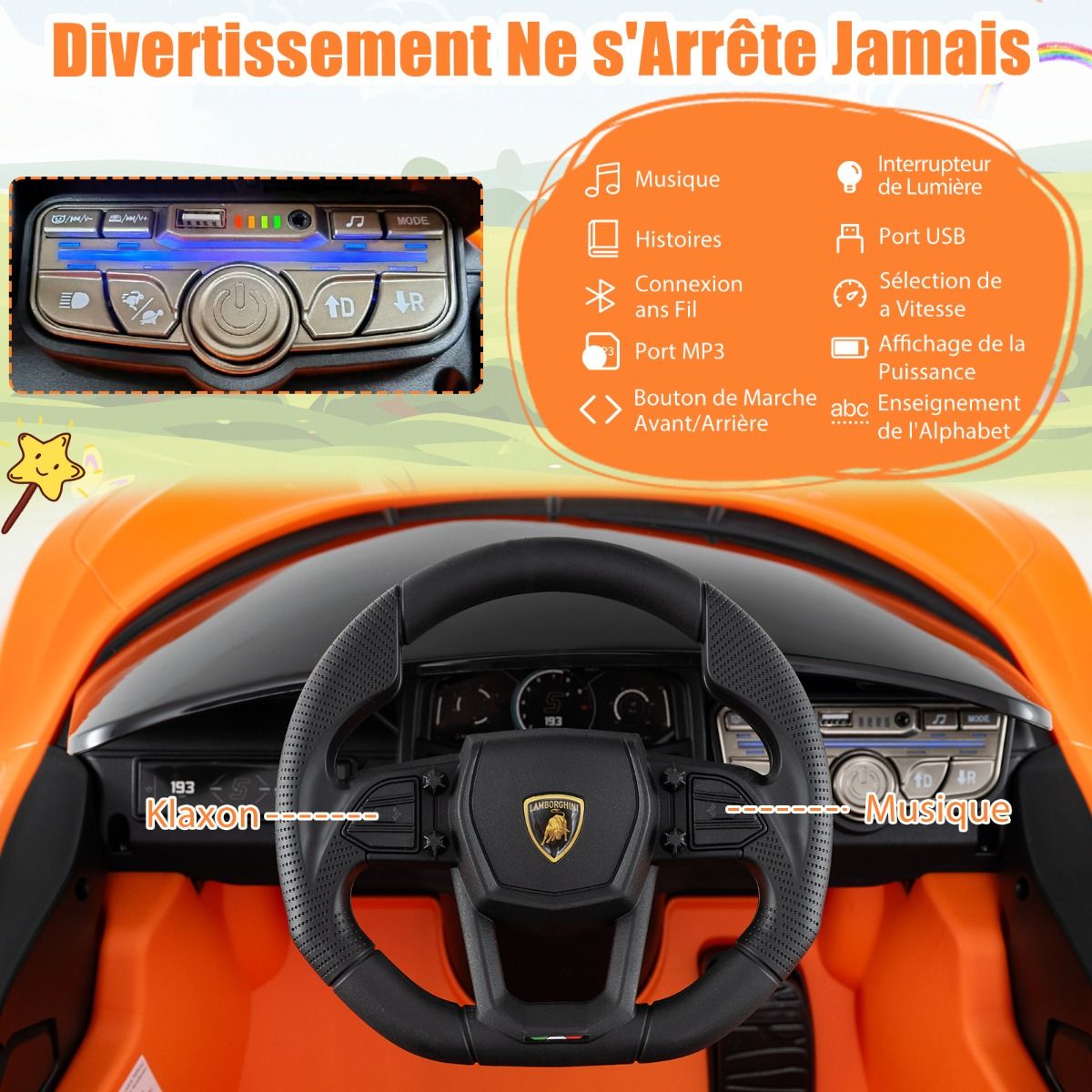 Revuelto Licensed 12V Electric Ride-On Car for Children with Remote Control and Hydraulic Doors, Suitable for Ages 37-95 Months, Grey/Orange