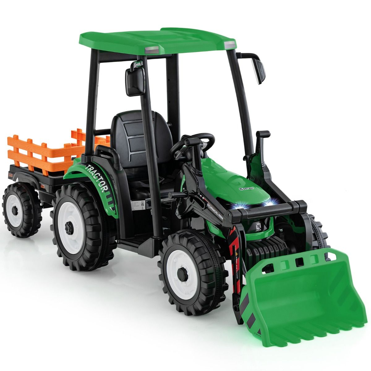 12V Electric Tractor for Children with Detachable Shovel & Trailer, 6-Wheel Electric Vehicle with Remote Control & Music, 3-6 km/h for Ages 3-8, Yellow/Green