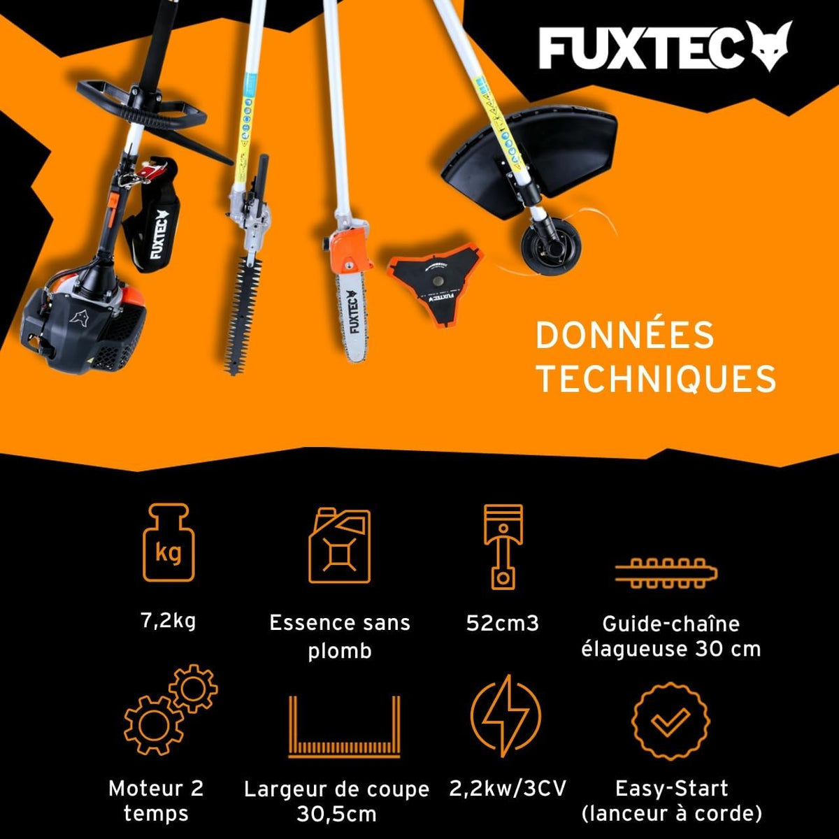 Fuxtec FX-MT152E 5-in-1 Multi-Tool Petrol Brush Cutter - Easy Starter, 3 HP, 52 cc, 2-Stroke Engine, Pruner, Hedge Trimmer, Edger with Cord or Blade, 1 Meter Extension