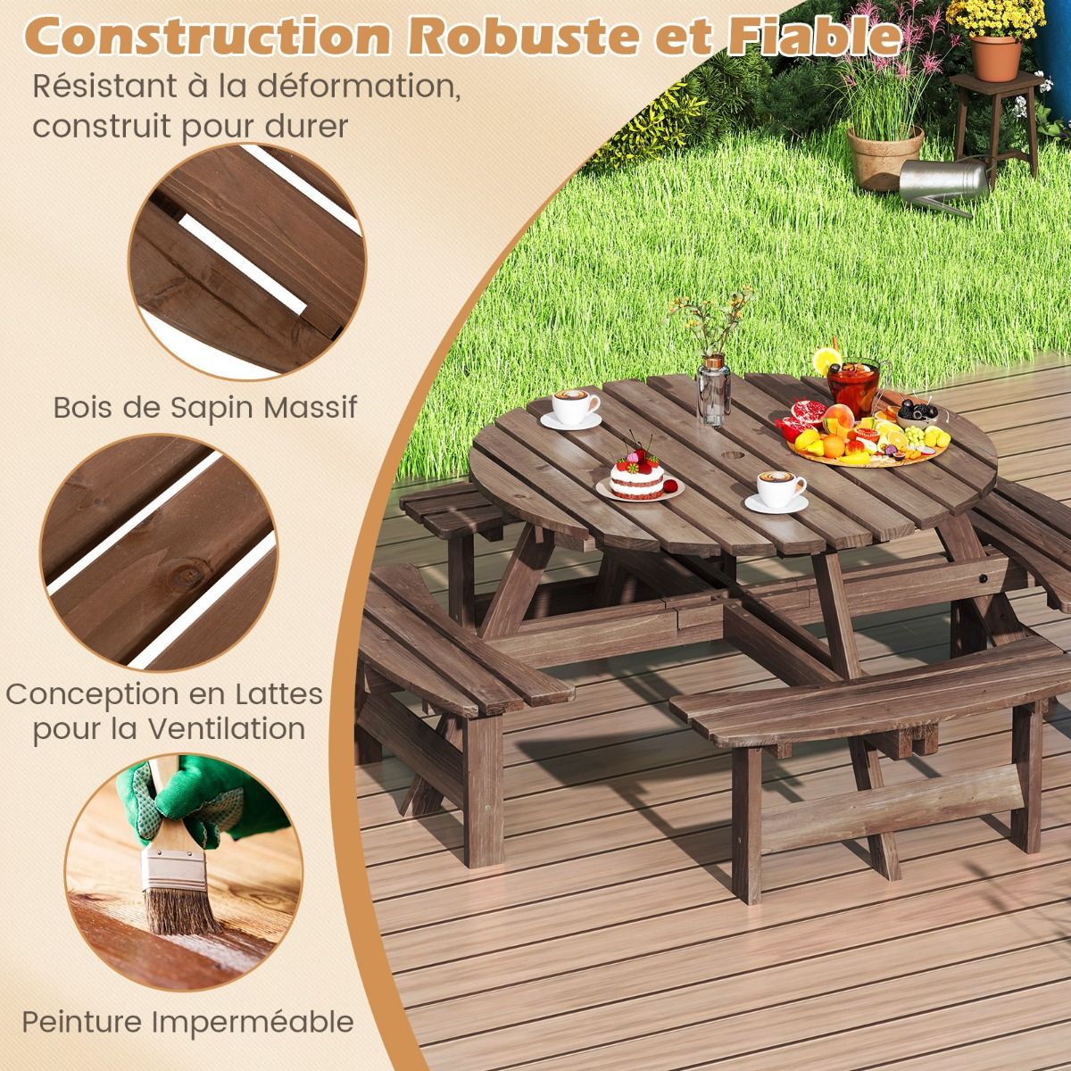 Wooden Picnic Table Set for 2 to 8 People, Circular Table and Bench Set with 4 Integrated Benches, 5cm Parasol Hole, Brown/Yellow -