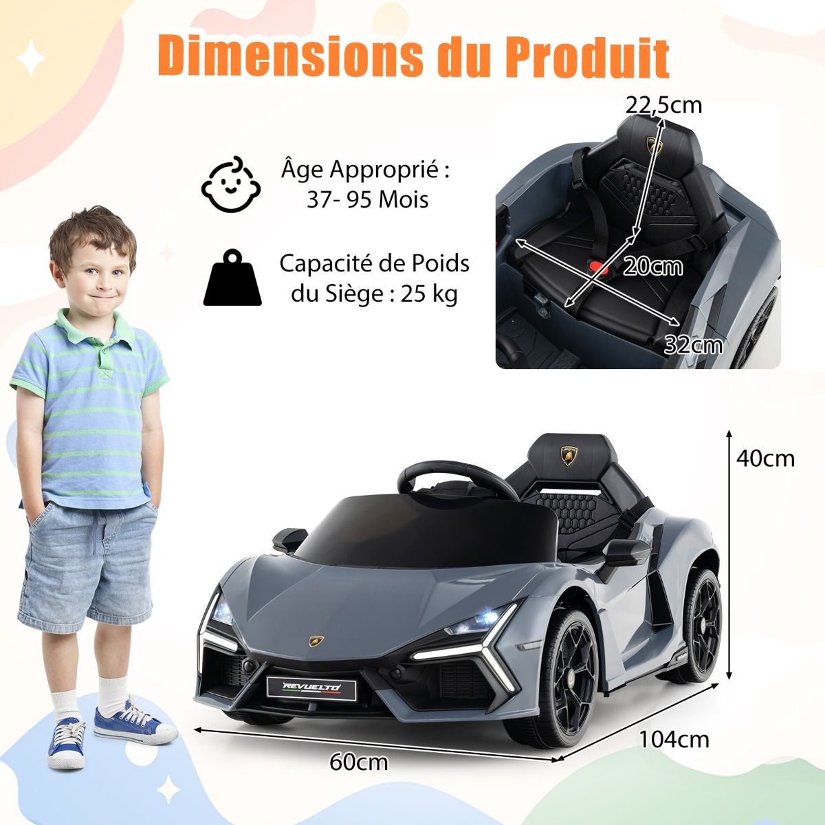 Revuelto Licensed 12V Electric Ride-On Car for Children with Remote Control and Hydraulic Doors, Suitable for Ages 37-95 Months, Grey/Orange