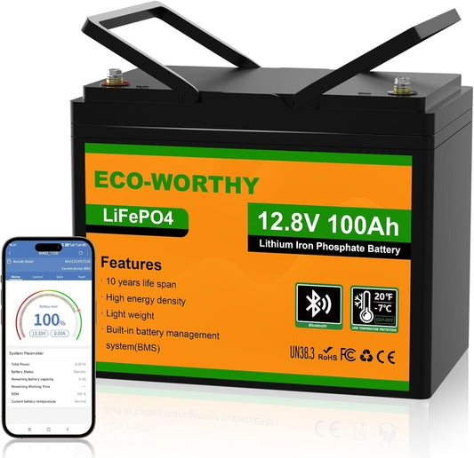 ECO-WORTHY Bluetooth 12V 100AH Lithium Battery, LiFePO4 Battery with Low Temperature Protection, Intelligent BMS, 1280Wh Energy, for caravans, motorhomes, solar systems, fishing