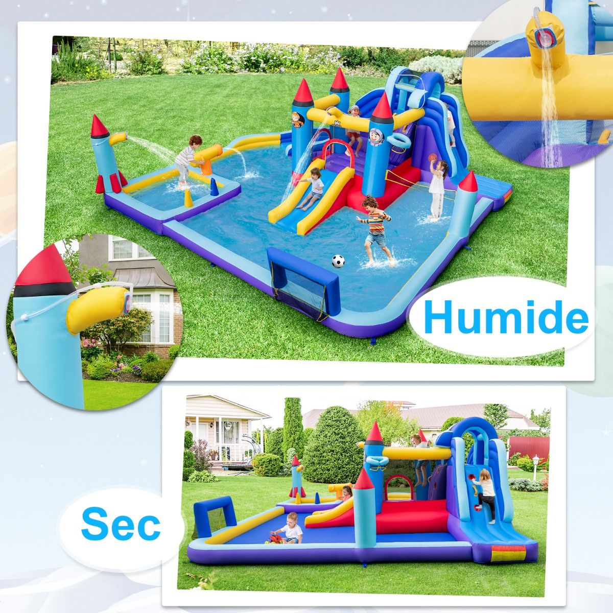 Inflatable Castle with Water Slides, Rocket Theme for Children, Swimming Pool, Jumping Area, Water Gun, Climbing Wall, 850W Blower, Multicoloured -