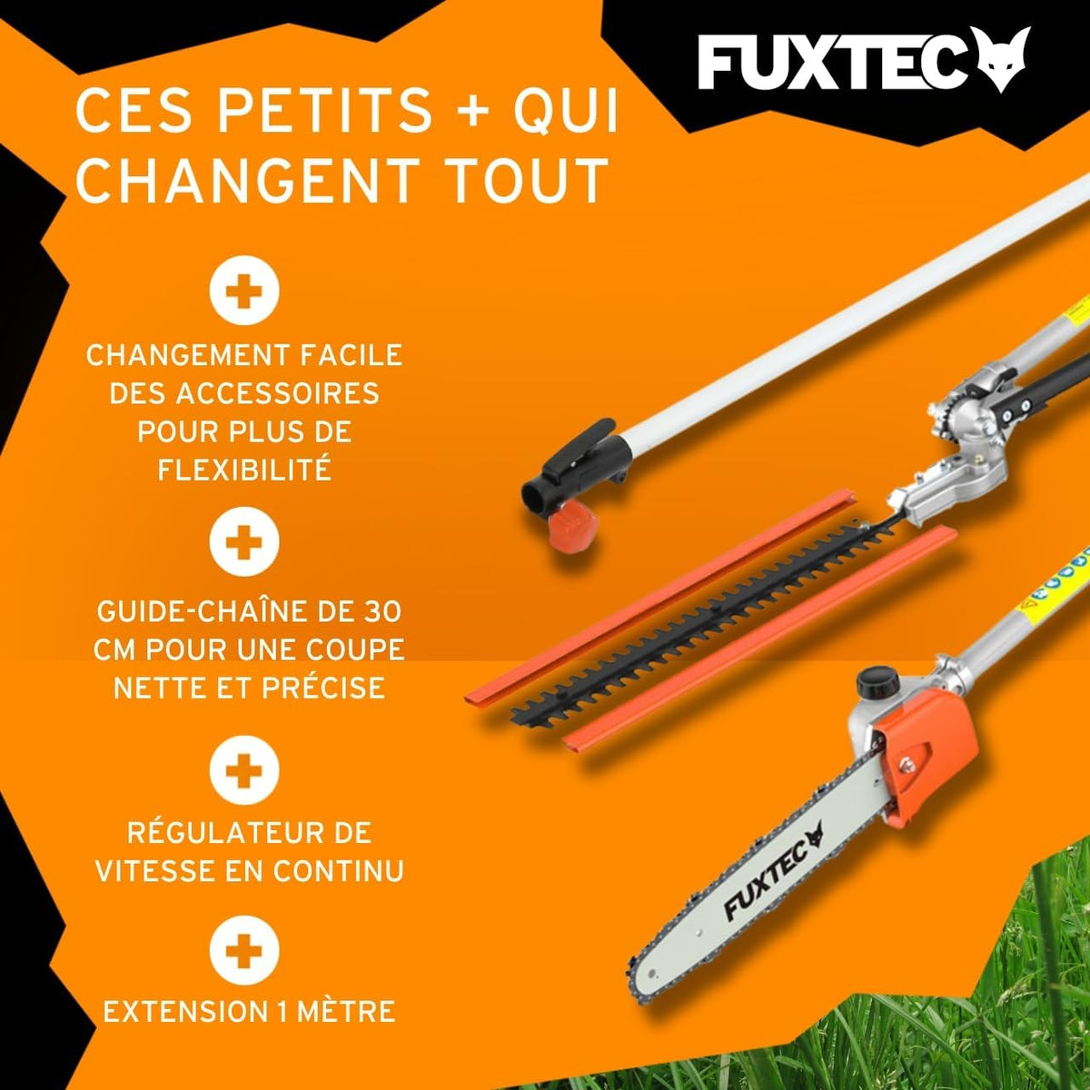 Fuxtec FX-MT152E 5-in-1 Multi-Tool Petrol Brush Cutter - Easy Starter, 3 HP, 52 cc, 2-Stroke Engine, Pruner, Hedge Trimmer, Edger with Cord or Blade, 1 Meter Extension