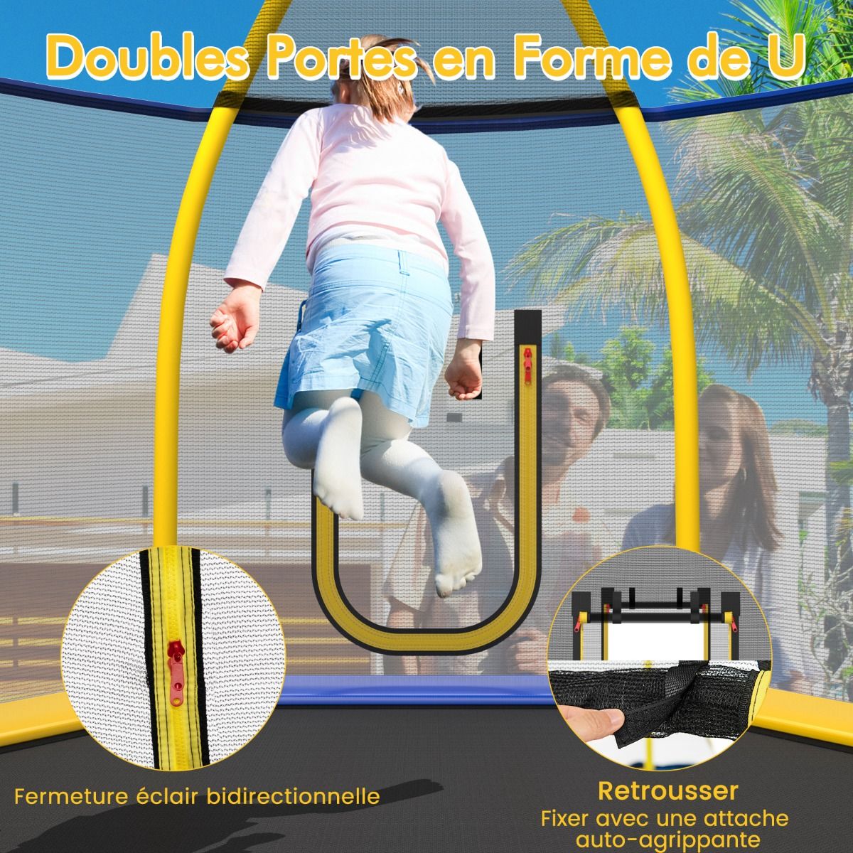 Outdoor Trampoline ? 223cm with Slide & Ladder with Safety Net, 2 U-Shaped Doors, Load Capacity 270kg for 2-3 Children Aged 3+, Blue/Green