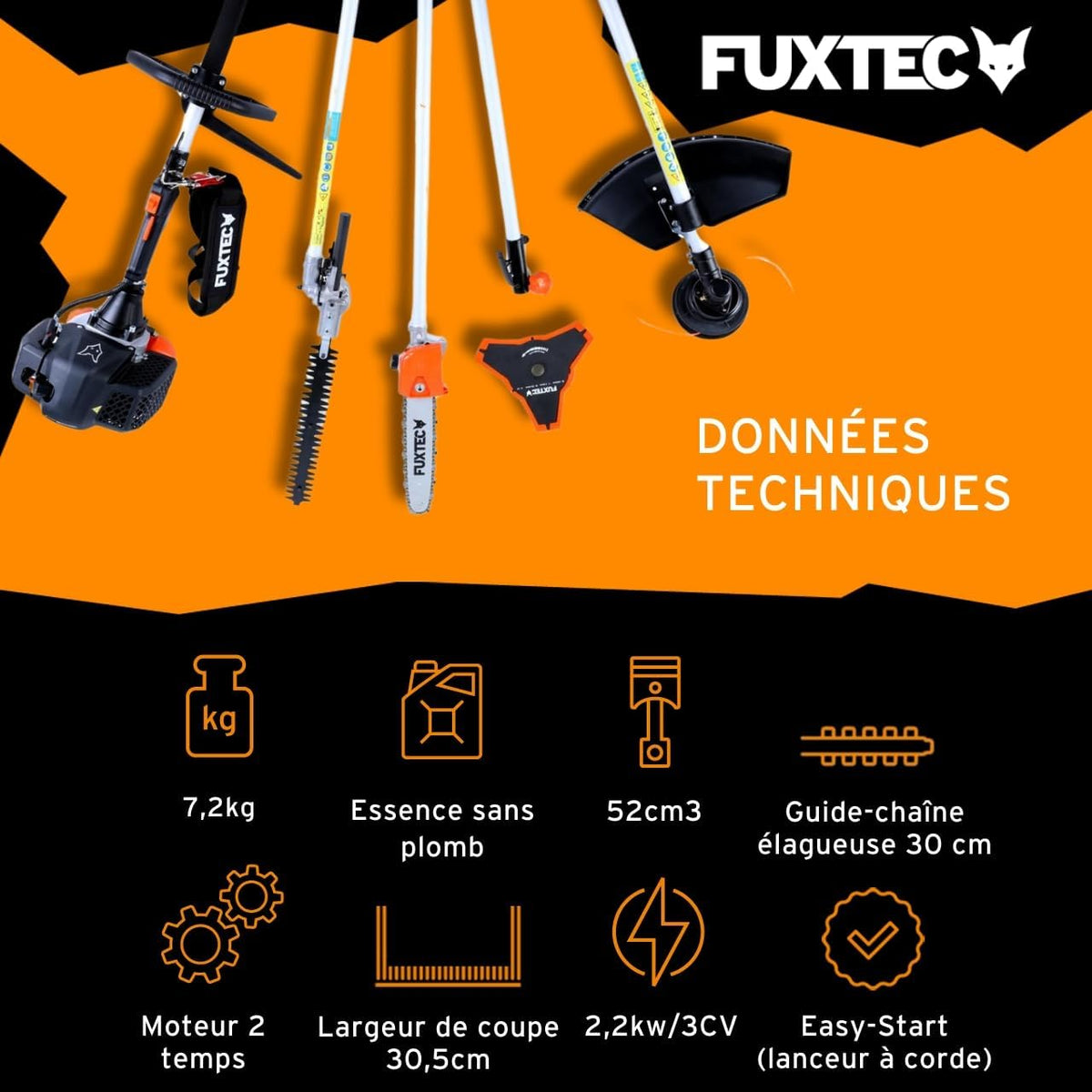 Fuxtec FX-MT152E 5-in-1 Multi-Tool Petrol Brush Cutter - Easy Starter, 3 HP, 52 cc, 2-Stroke Engine, Pruner, Hedge Trimmer, Edger with Cord or Blade, 1 Meter Extension