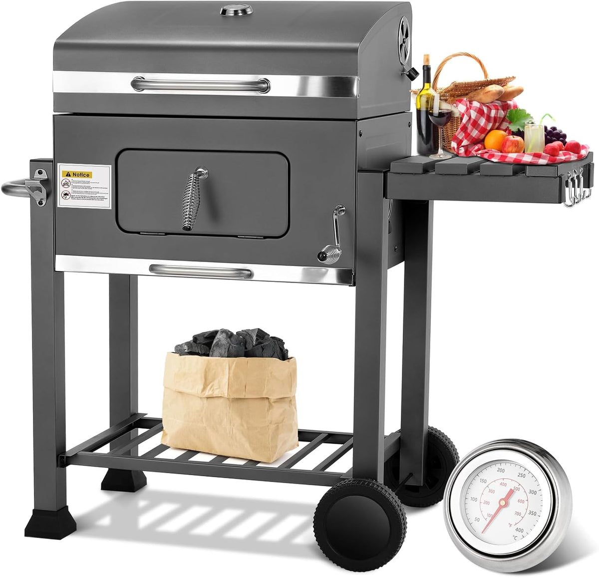 XL Charcoal Barbecue, Barbecue Cart, XL Charcoal Grill with Lid, Wheels and Thermometer, Height Adjustable, Large Charcoal Barbecue, for Camping and Garden, Black