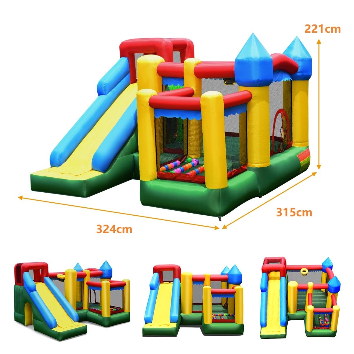 4-in-1 Inflatable Castle for Children 3-10 Years Old with Slide, Jumping Area, Climbing Wall, Basketball Hoop -