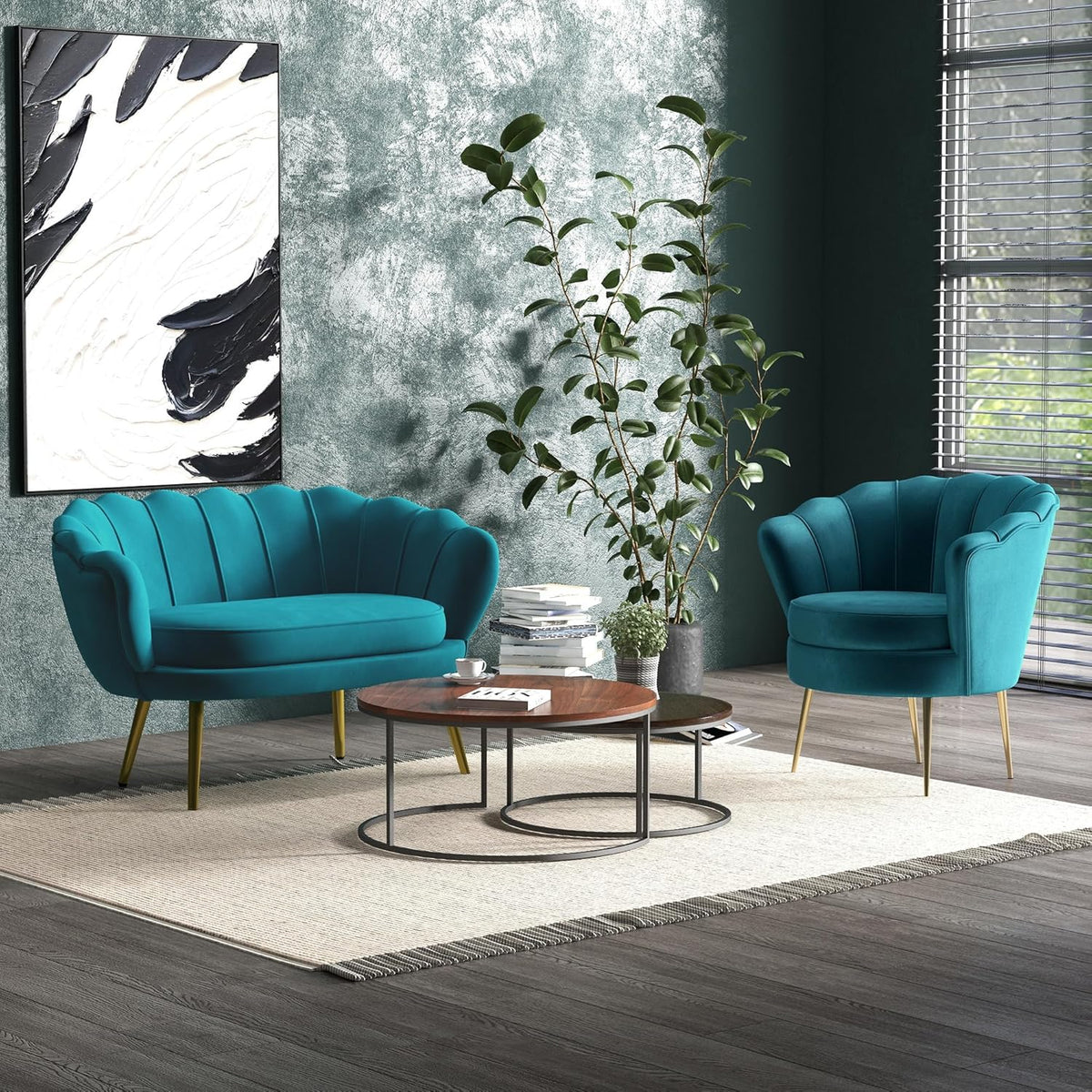 HOMCOM 2-Seater Velvet Fabric Sofa, Small Sofa, Shell Shape, with 10cm Thick Cushion, Metal Frame, Tapered Gold Legs, Easy to Assemble, Duck Blue