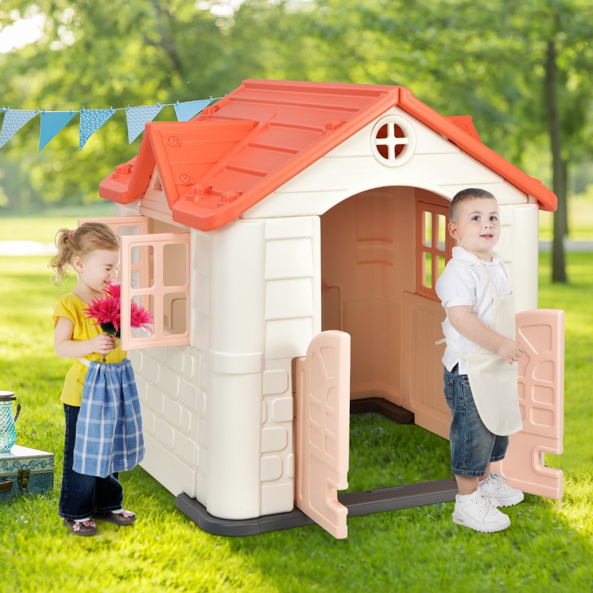 Chef House - Burger Bar Theme - UV-Resistant Plastic Garden Shed Picnic Table 164x124x132 cm Blue/Pink/Yellow -