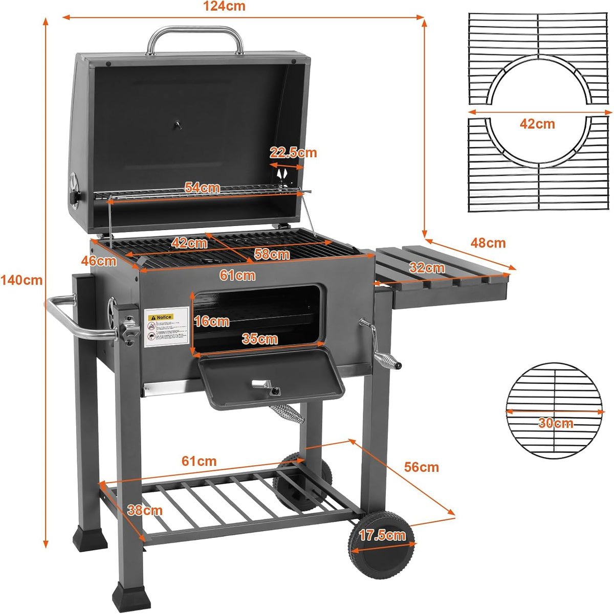 XL Charcoal Barbecue, Barbecue Cart, XL Charcoal Grill with Lid, Wheels and Thermometer, Height Adjustable, Large Charcoal Barbecue, for Camping and Garden, Black