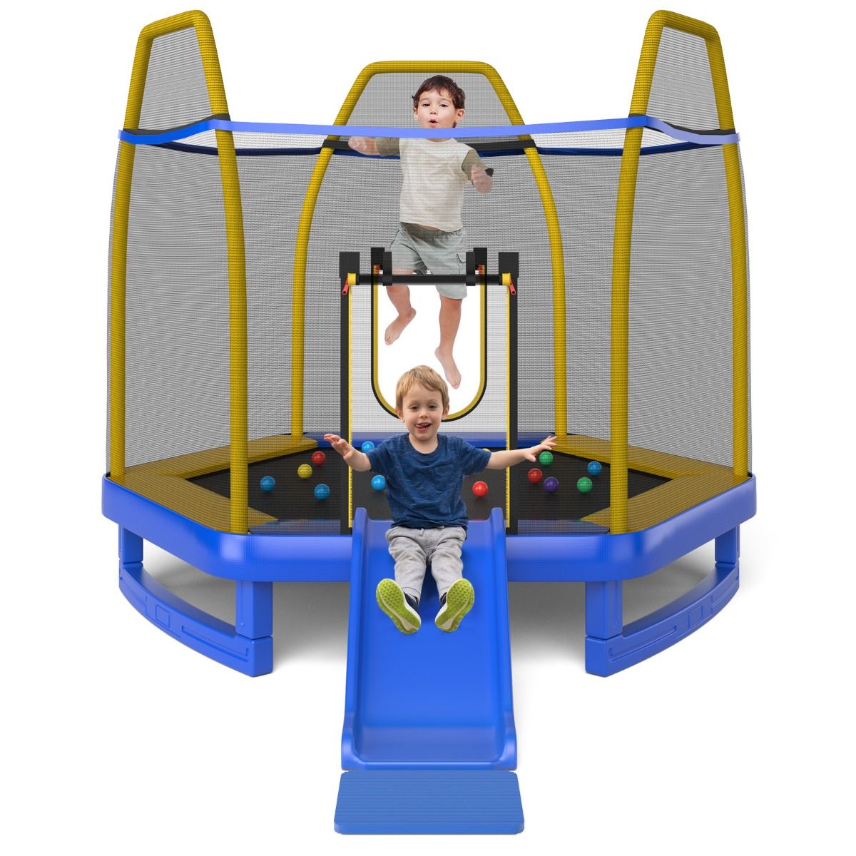 Outdoor Trampoline ? 223cm with Slide & Ladder with Safety Net, 2 U-Shaped Doors, Load Capacity 270kg for 2-3 Children Aged 3+, Blue/Green