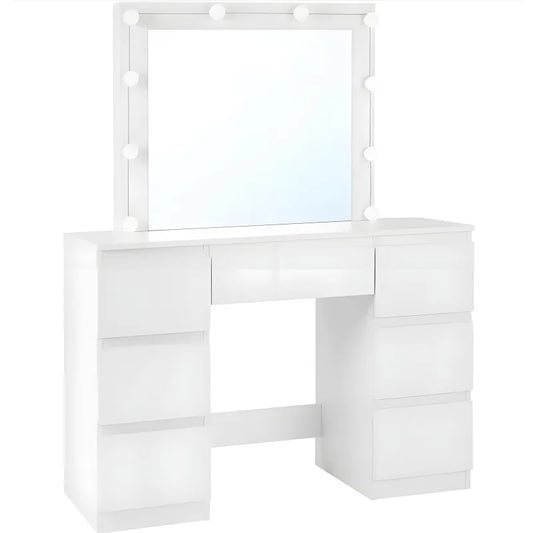 White Dressing Table with LED Mirror - 7 Drawers -
