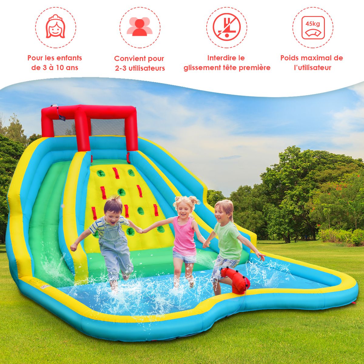 5-in-1 Inflatable Water Slide with Paddling Pool, Inflatable Oxford Play Area with Climbing Wall, Load Capacity 150kg for Ages 3-10 (Blower Not Included)