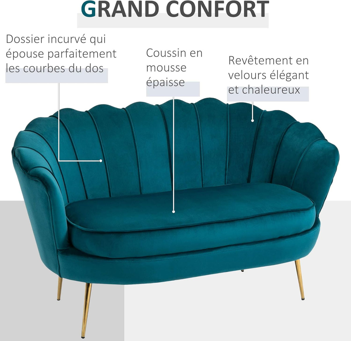 HOMCOM 2-Seater Velvet Fabric Sofa, Small Sofa, Shell Shape, with 10cm Thick Cushion, Metal Frame, Tapered Gold Legs, Easy to Assemble, Duck Blue