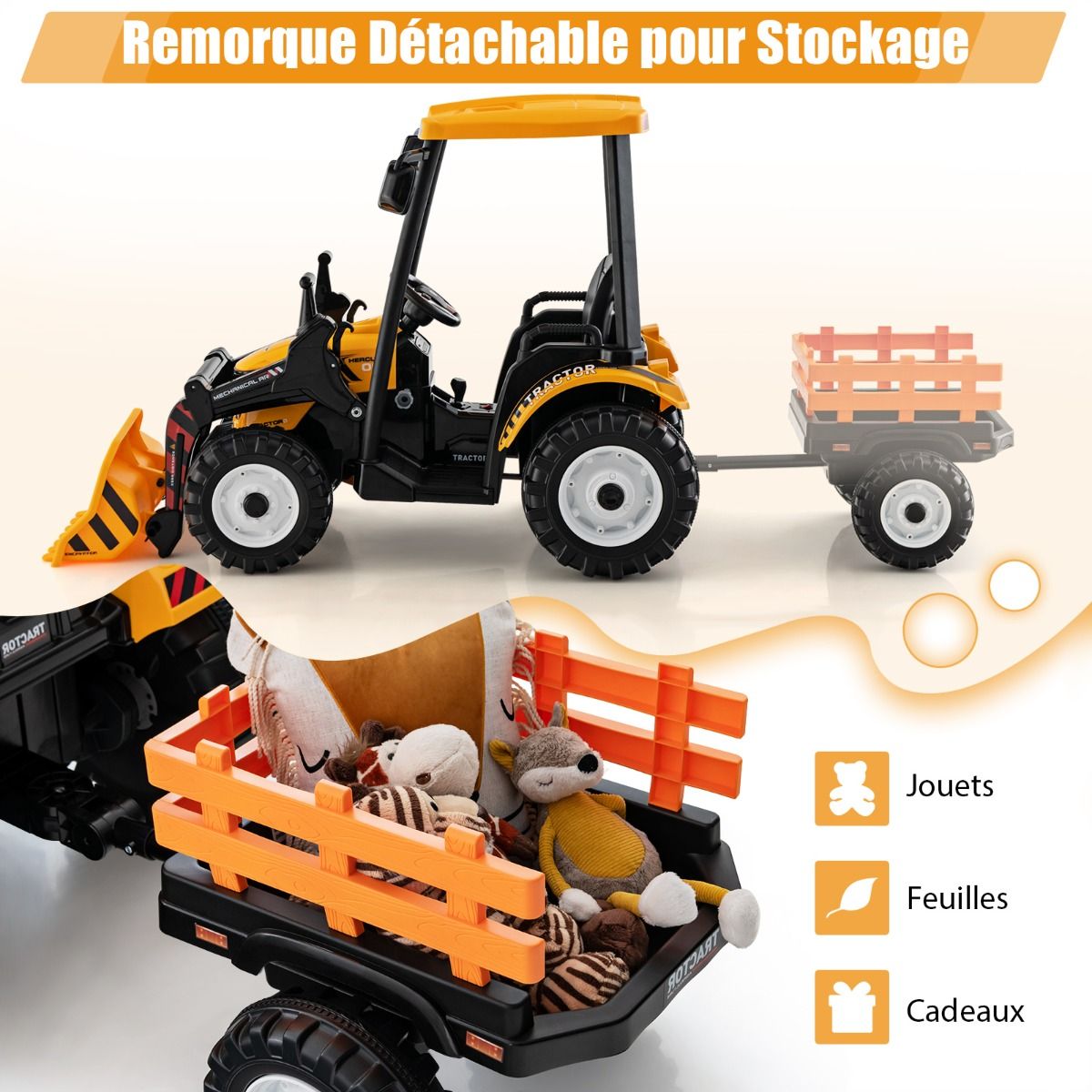 12V Electric Tractor for Children with Detachable Shovel & Trailer, 6-Wheel Electric Vehicle with Remote Control & Music, 3-6 km/h for Ages 3-8, Yellow/Green