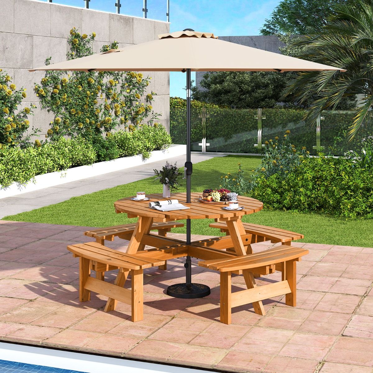 Wooden Picnic Table Set for 2 to 8 People, Circular Table and Bench Set with 4 Integrated Benches, 5cm Parasol Hole, Brown/Yellow -