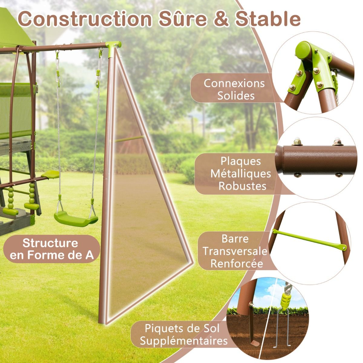 7-in-1 Metal Swing Set with Height-Adjustable Covered Fort, Climbing Rope, Sandpit, Slide, and Wavy Slide (Green)