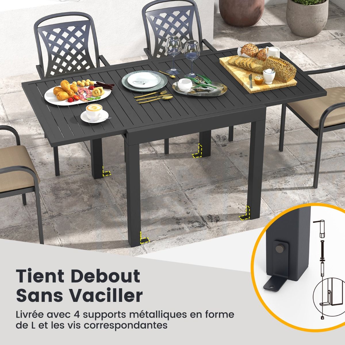 Extendable Aluminum Garden Table, Adjustable from 80 to 160 CM, Outdoor Dining Table with Slatted Top for 4-6 People, Dark Grey