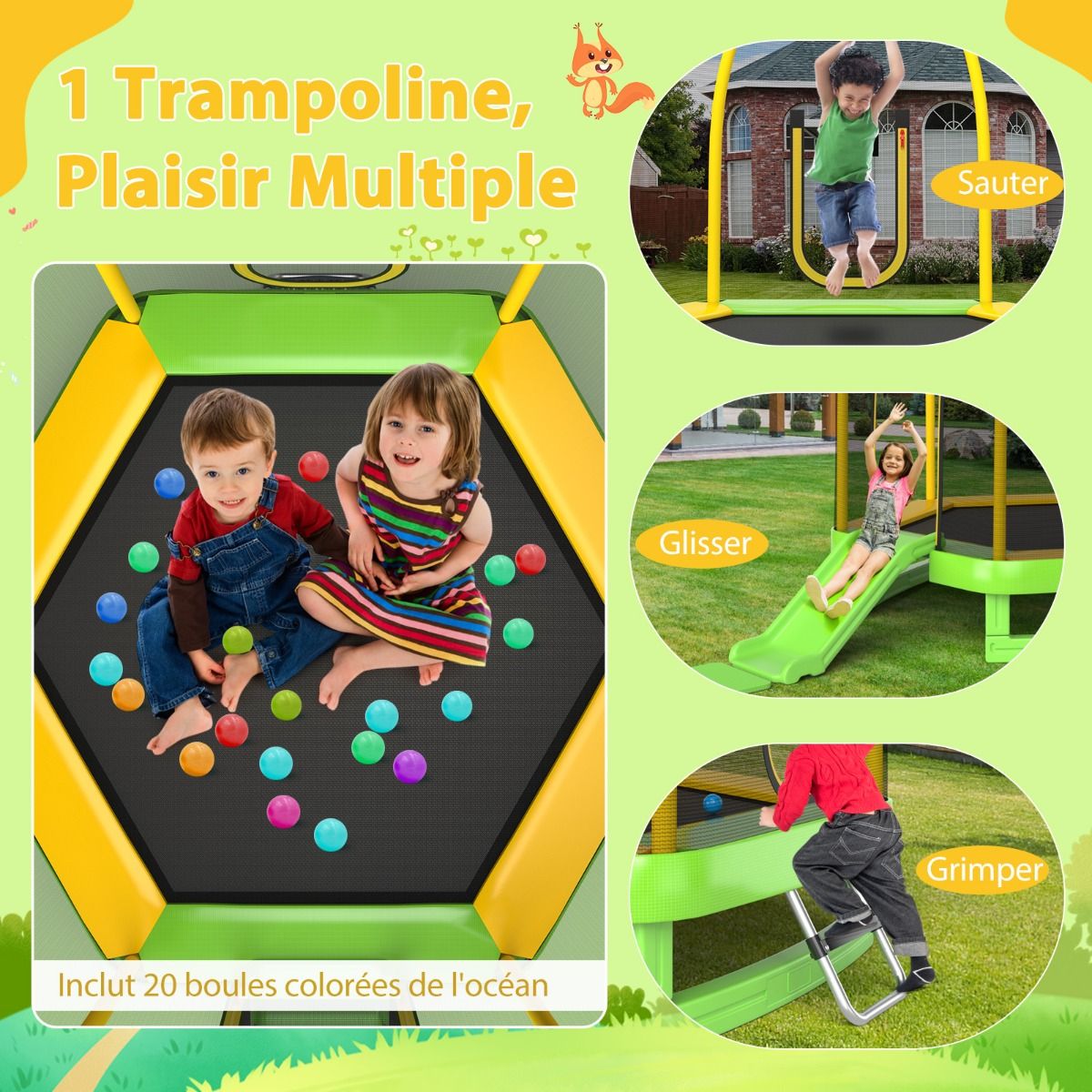 Outdoor Trampoline ? 223cm with Slide & Ladder with Safety Net, 2 U-Shaped Doors, Load Capacity 270kg for 2-3 Children Aged 3+, Blue/Green