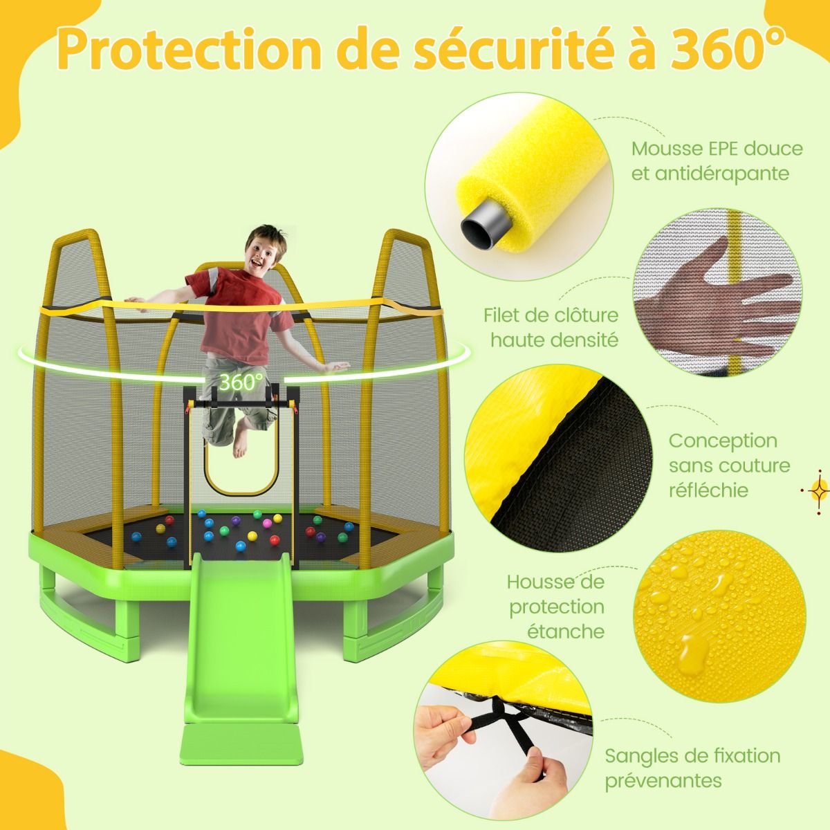 Outdoor Trampoline ? 223cm with Slide & Ladder with Safety Net, 2 U-Shaped Doors, Load Capacity 270kg for 2-3 Children Aged 3+, Blue/Green