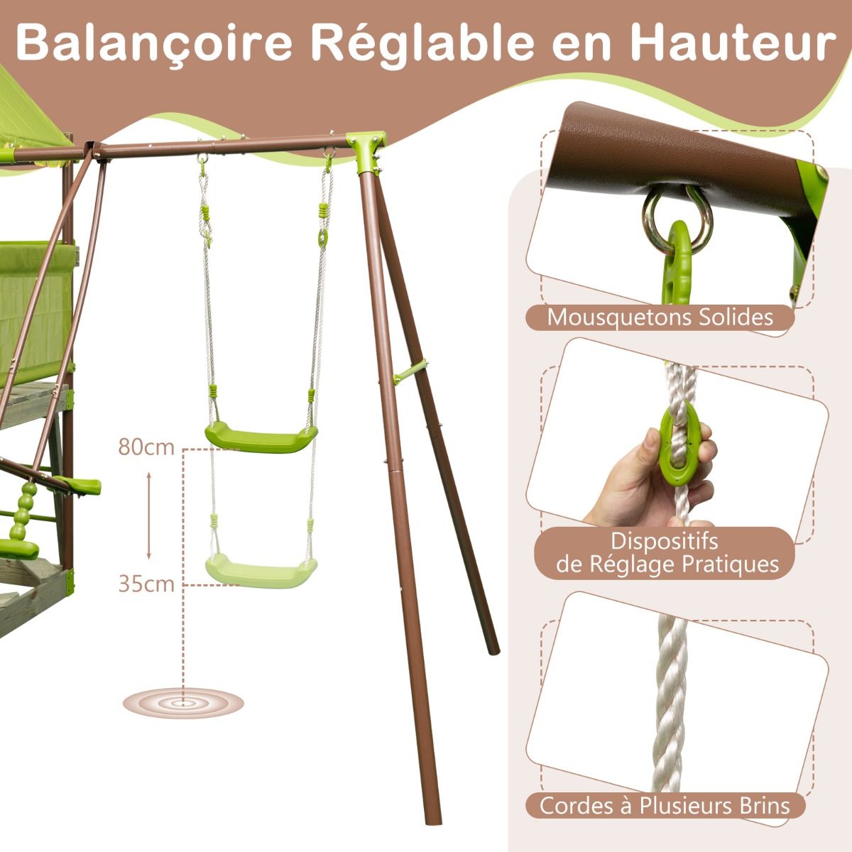 7-in-1 Metal Swing Set with Height-Adjustable Covered Fort, Climbing Rope, Sandpit, Slide, and Wavy Slide (Green)