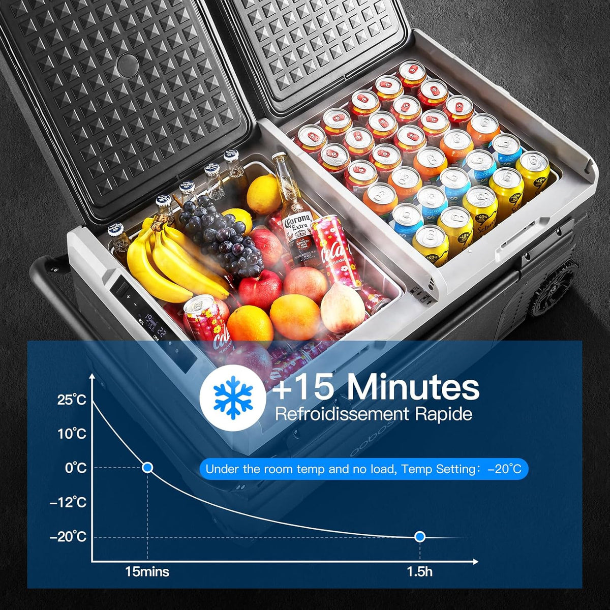 115L Dual Zone Electric Cooler, WiFi APP Compressor Cooler, 12V/24V and 100-240V Camping Fridge, -20 to 20, for Car, Truck, Boat, Camping, Caravan, Travel, Home