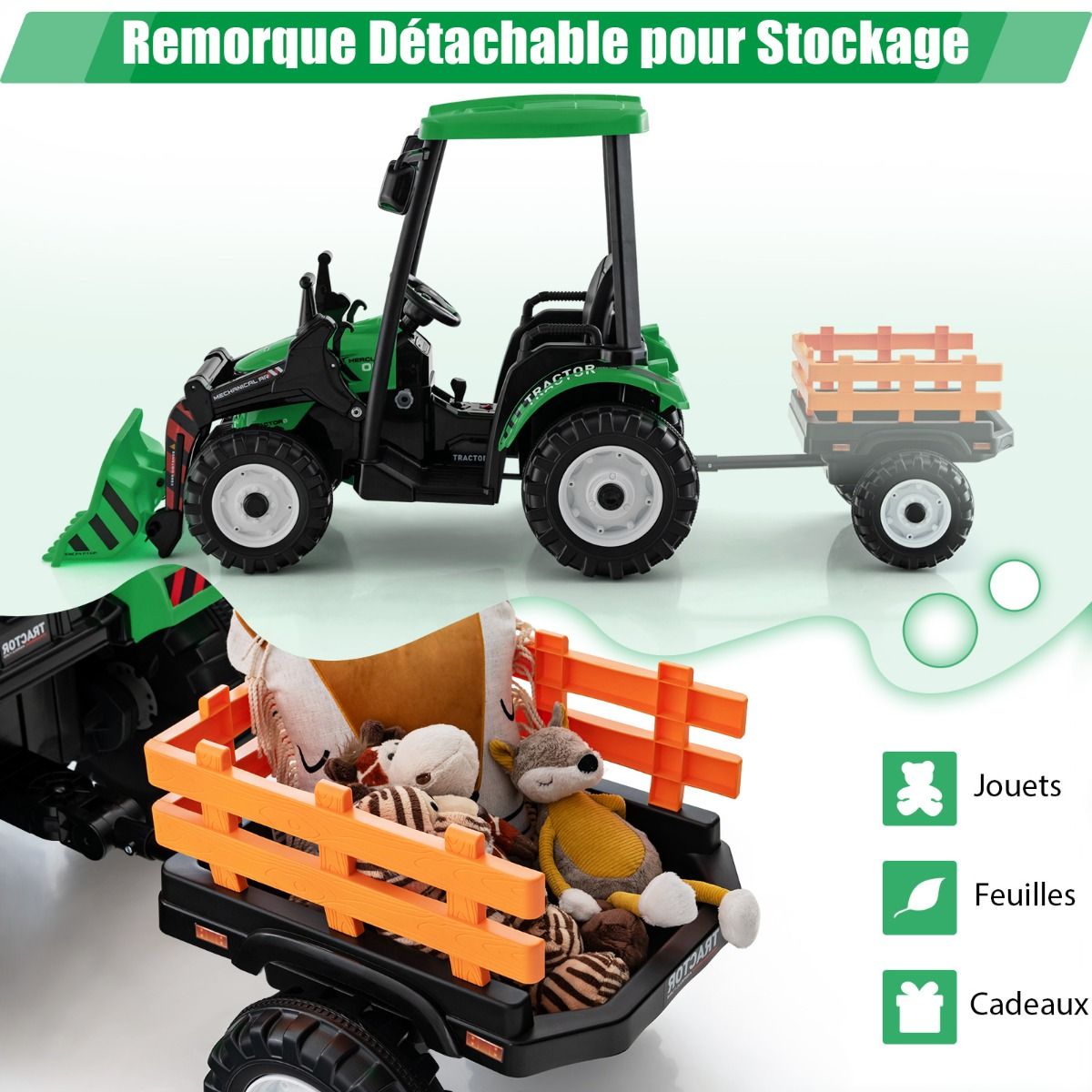 12V Electric Tractor for Children with Detachable Shovel & Trailer, 6-Wheel Electric Vehicle with Remote Control & Music, 3-6 km/h for Ages 3-8, Yellow/Green