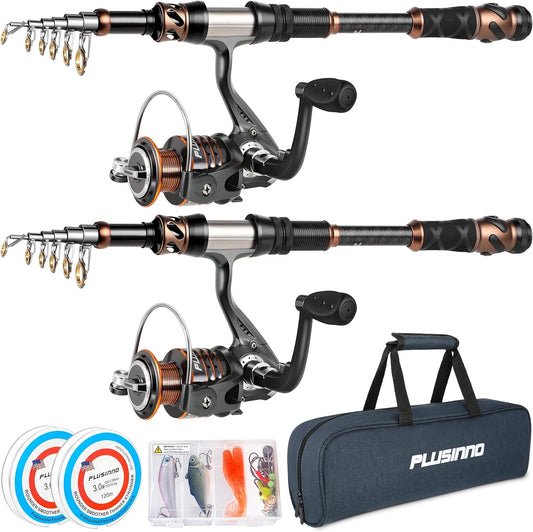 PLUSINNO Fishing Rod and Reel Combo   Carbon Fiber Telescopic Fishing Rod   Rotating Reel with 12 + 1 Stainless Steel Shielded Bearings