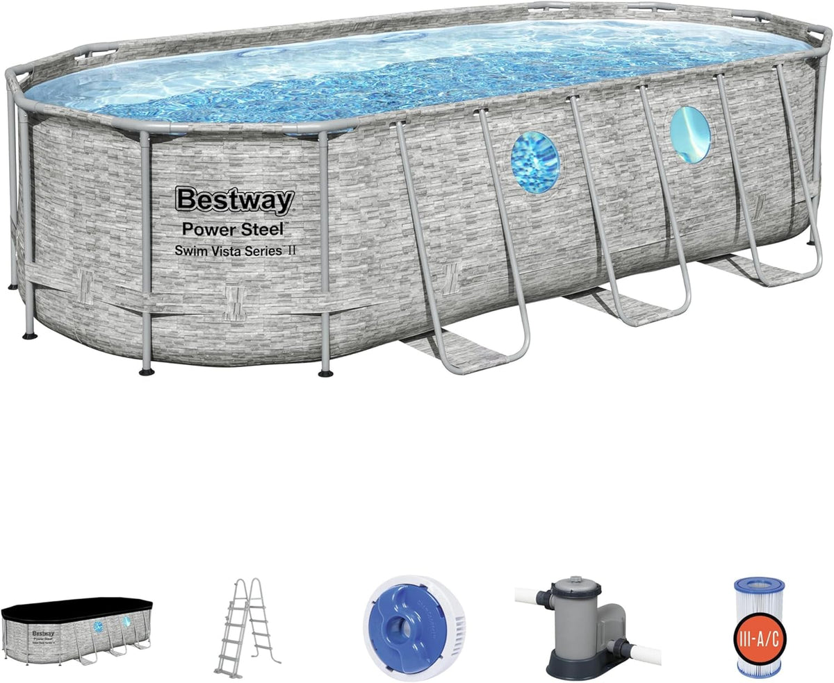56946 Power Steel? Swim Vista oval pool 488 x 305 x 107 cm rattan pattern with portholes, sand filtration, ladder, cover and Chemconnect? diffuser